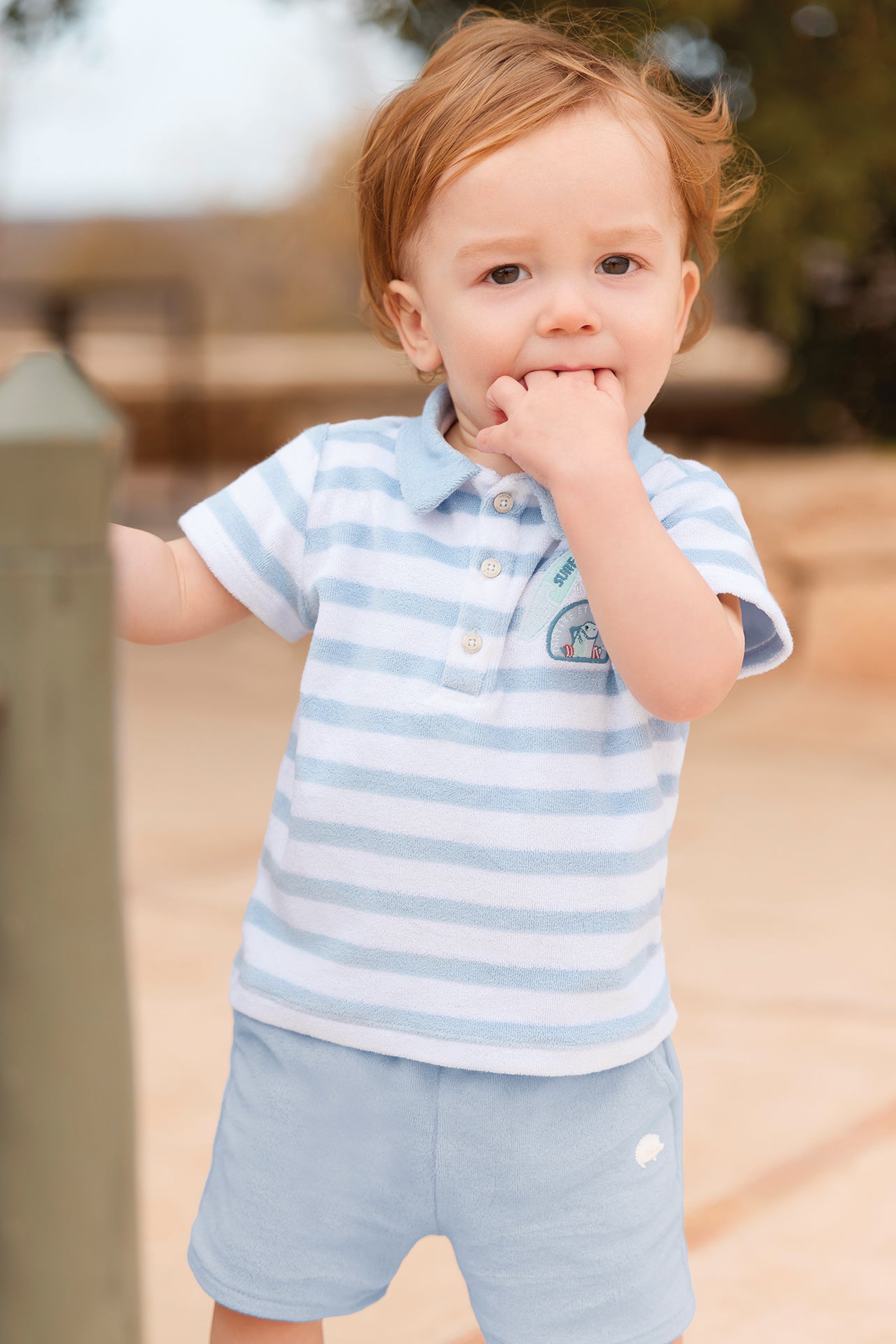 Polo - Bleu lavé rayé maille éponge